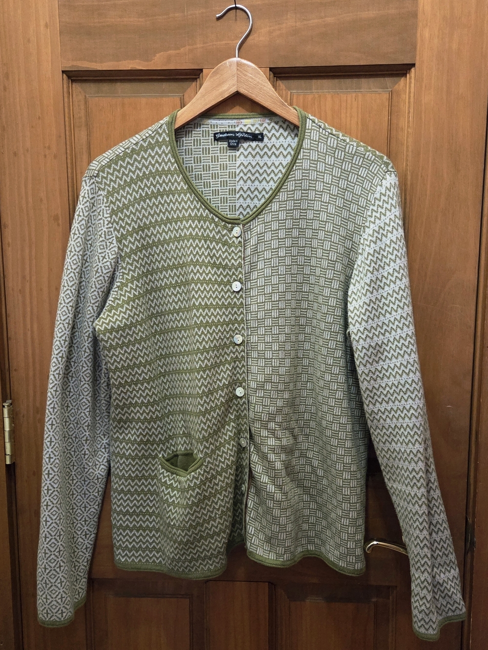 XL Gudrun Sjoden Green and Tan Multi Patterned Button-Up Cardigan